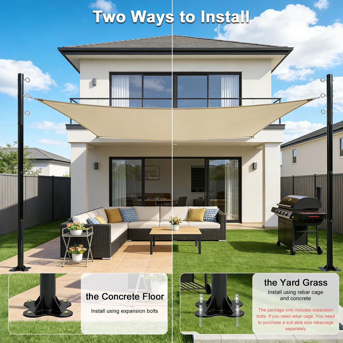 2 Pack 12ft Heavy Duty Metal Shade Sail Poles ,(Shade Sail not include)Rust-Resistant Adjustable Outdoor Support Post Kit for Patios Courtyards Backyards Gardens