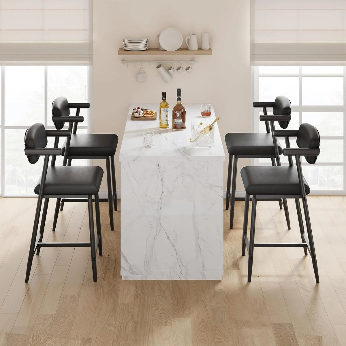 Set Of 4 Upholstered Bar Stools With Arms And Backrests