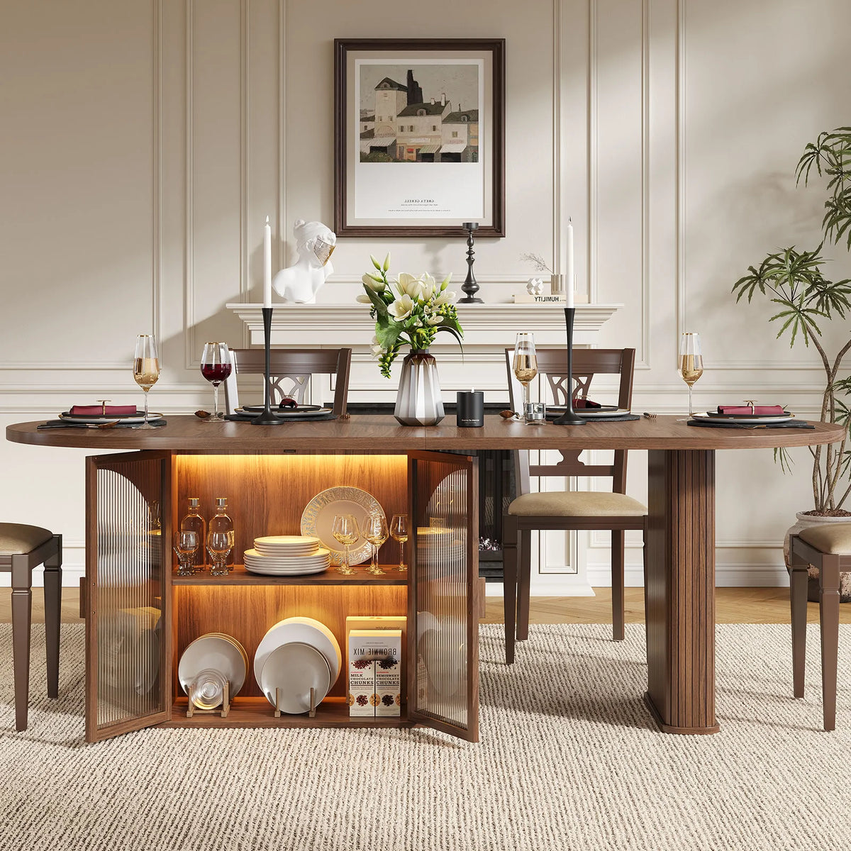 ONBRILL Modern Oval Dining Table with Storage and LED Lighting