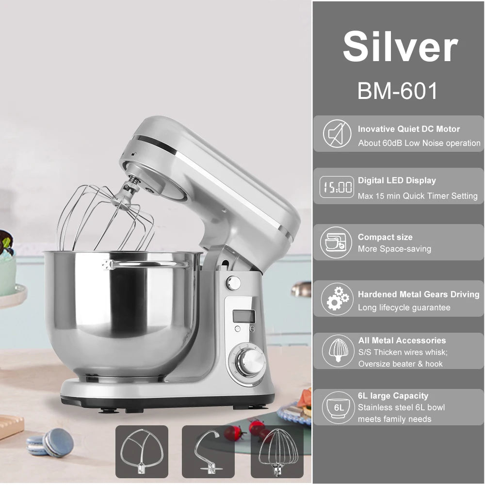 Biolomix 6 Speed 1200W Quiet Stand Mixer Stainless Steel Bowl