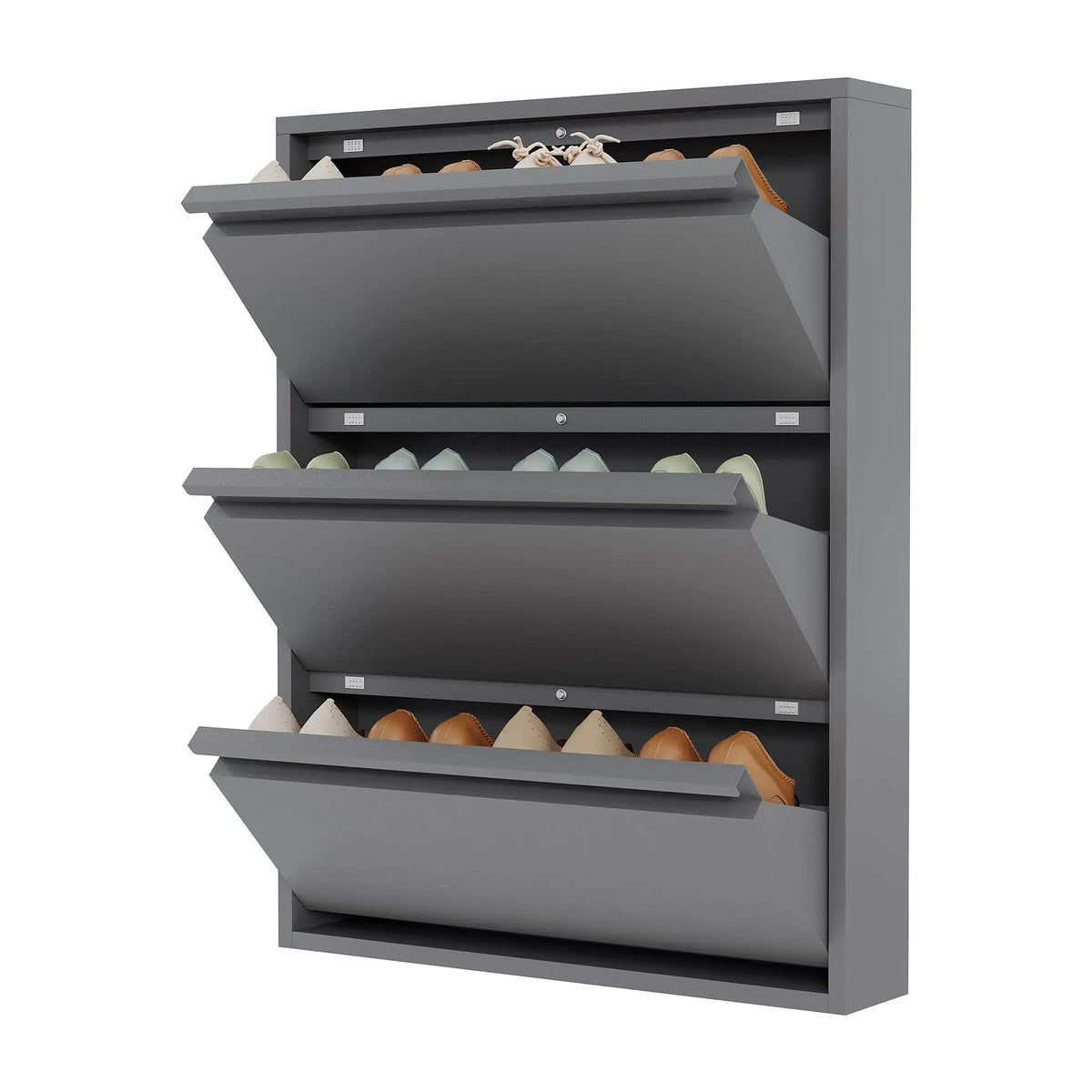 Slim Metal Shoe Cabinet, 3 Flip Drawers, Narrow Entryway Shoe Storage, Wall Mounted Or Freestanding, Anti-Tip, 31.5x6x40.7in