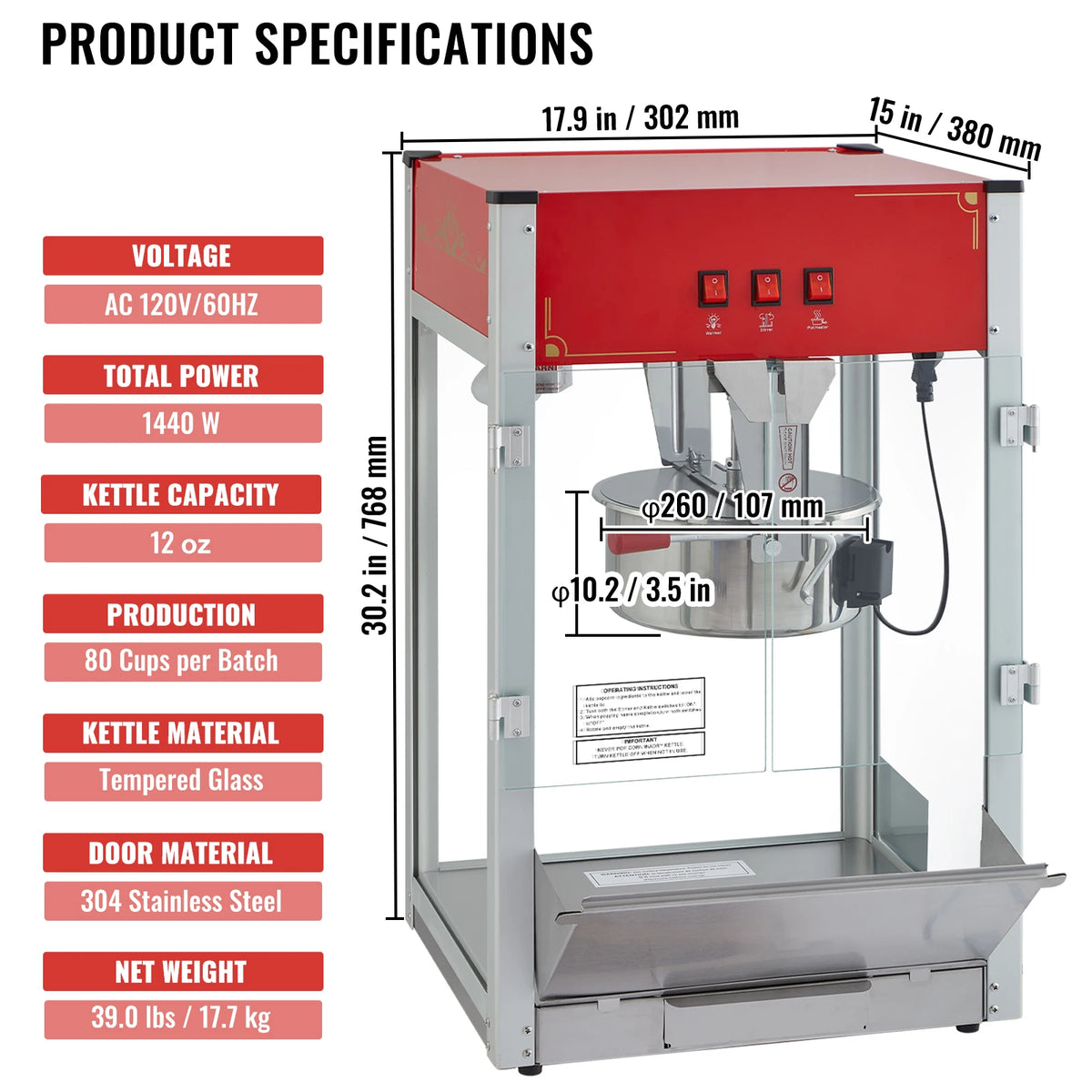 SucceBuy Popcorn Maker Popcorn Popper Machine 8 Oz 12 Oz Kettle Makes 48 or 80 Cups per Batch Countertop Popcorn Maker