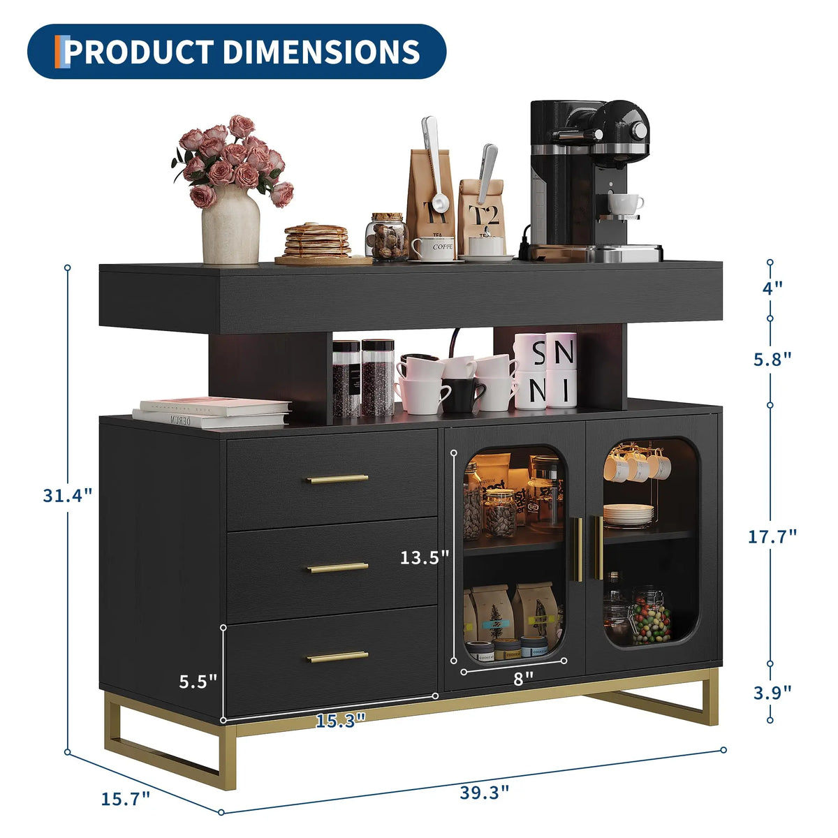 HiMISS LED Sideboard Buffet Cabinet With Charging Station And Storage