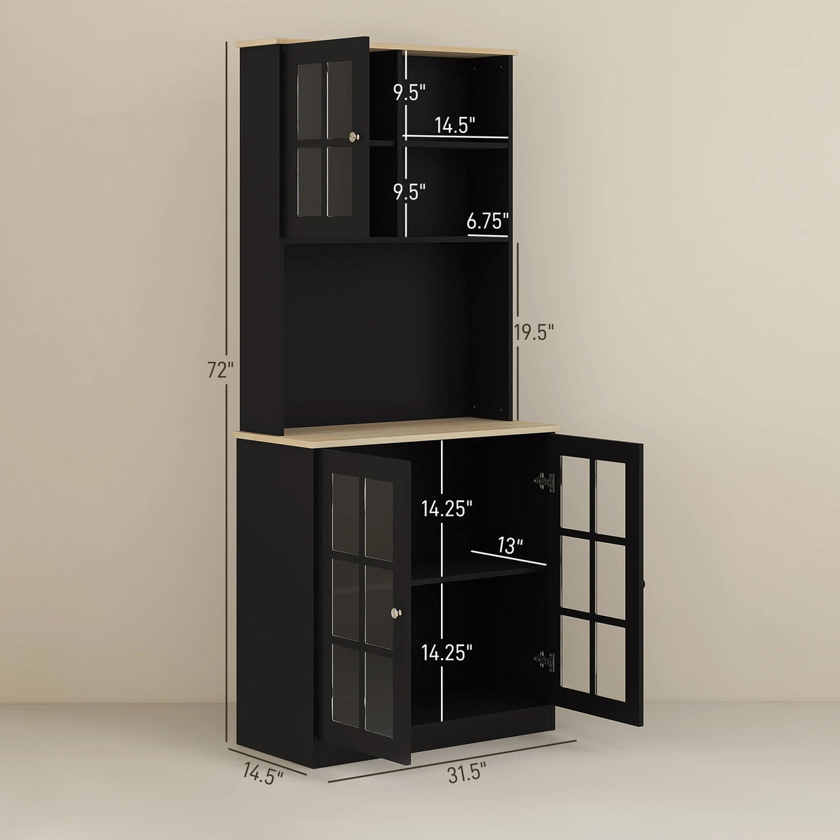 Homcom Kitchen Pantry Storage Cabinet, 72" Freestanding Cabinet with Hutch, Large Countertop, Glass Doors and Adjustable Shelves for Dining Room, Black