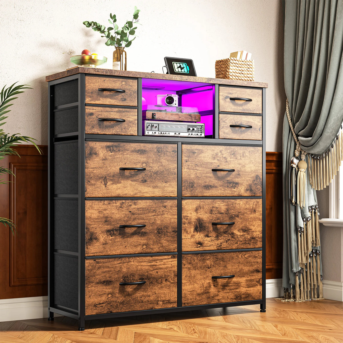 Ten Drawer Fabric Storage Chest With LED Charging Station