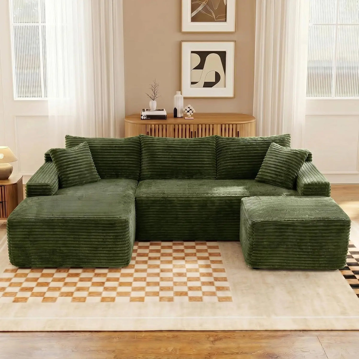 94.5" U-Shaped Sectional Sofa with Deep Seat, No Assembly Modular Cloud Couch in Corduroy Fabric with Ottoman, Space-Saving Sleeper for Living Room Bedroom Apartment, Black