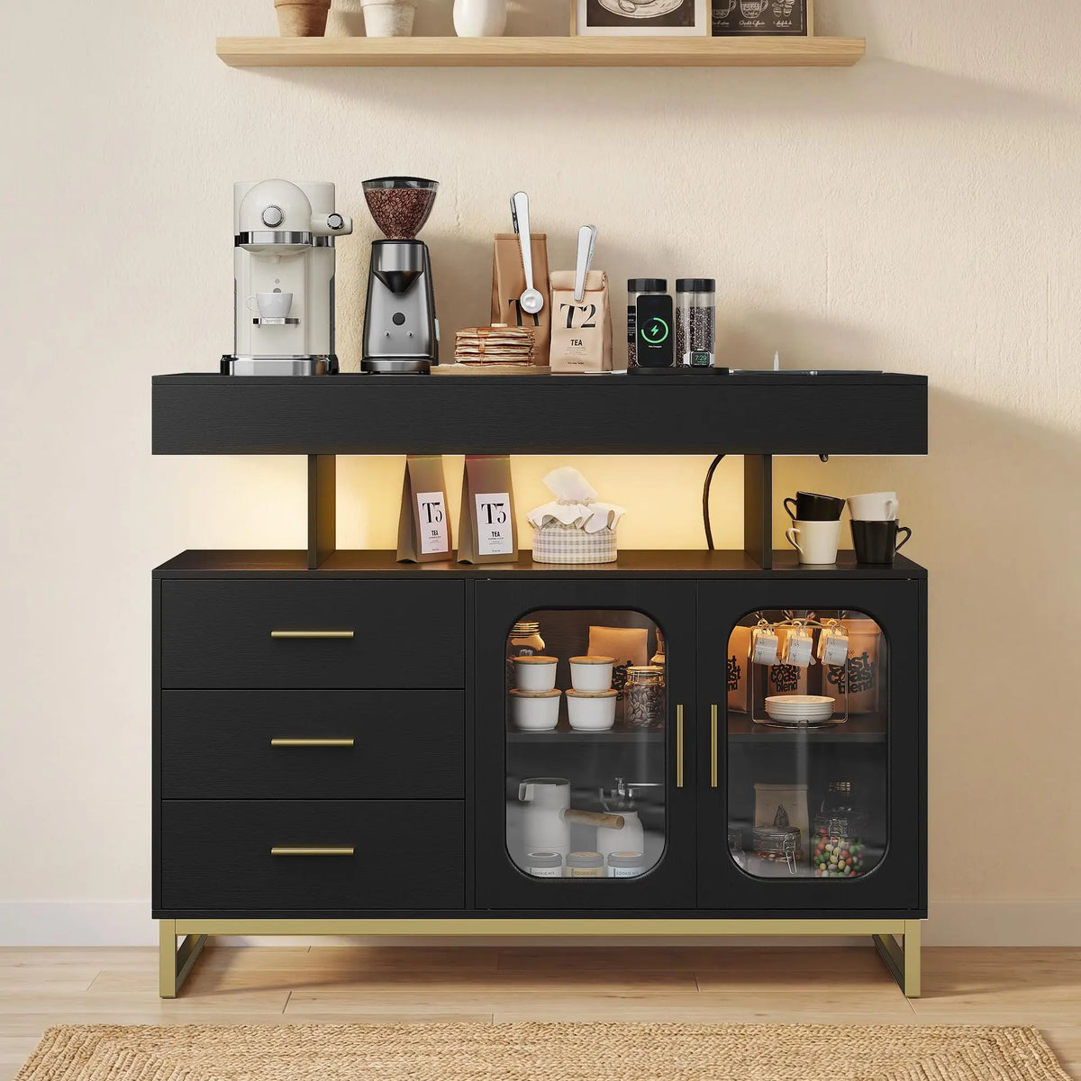 HiMISS LED Sideboard Buffet Cabinet With Charging Station And Storage