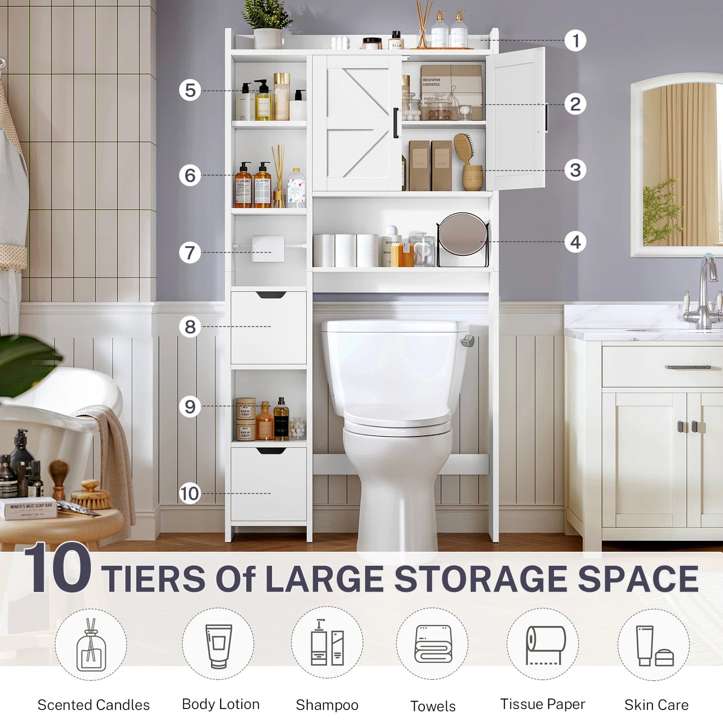 Over the Toilet Storage Cabinet with 2 Adjustable Drawers & 1 Cabinet, Freestanding Toilet Storage Cabinet with 6 open Shelves & 1 Adjustable shelf, Bathroom Storage Cabinets for Bathroom, White