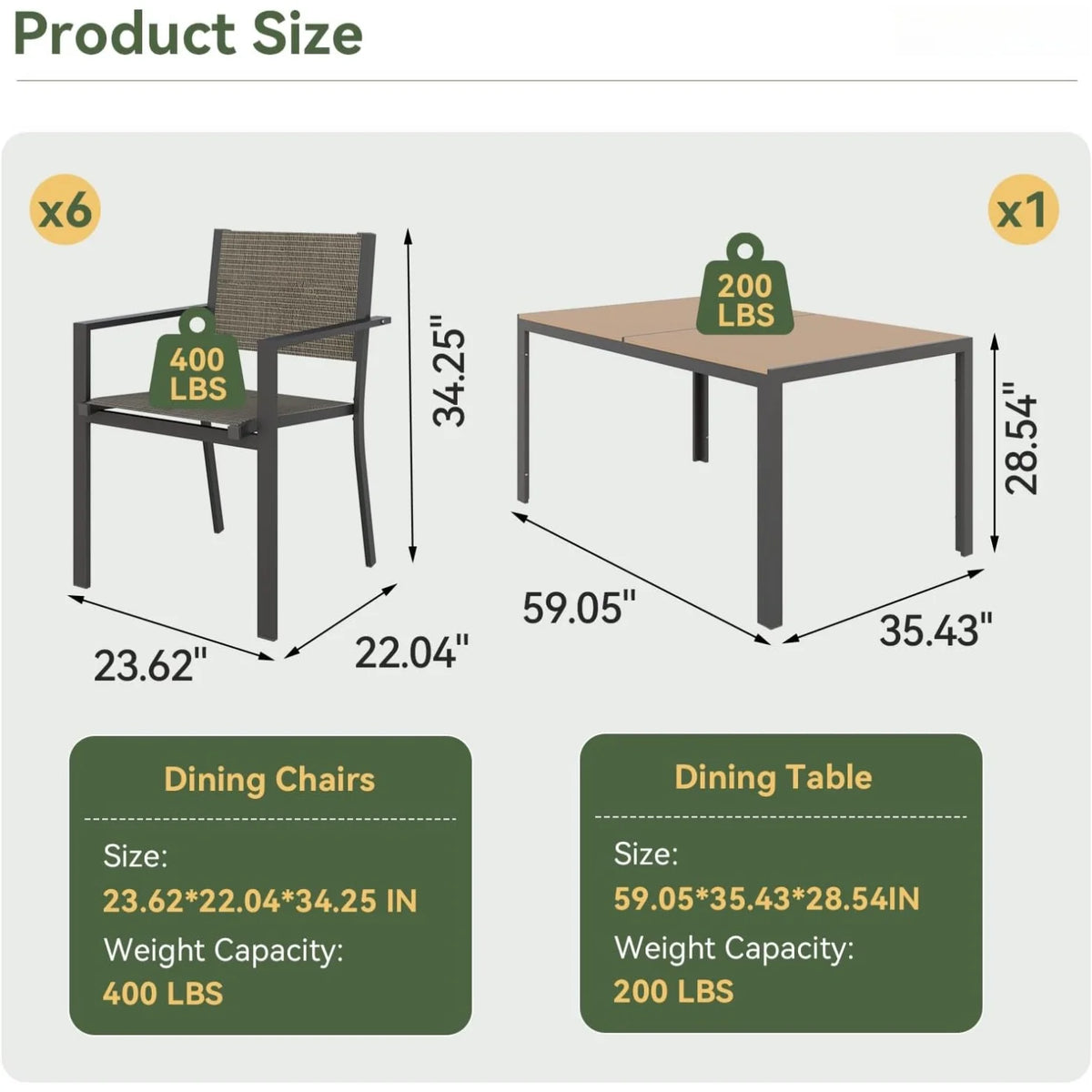 Aoxun Rectangular Metal Patio Dining Set with Textilene Chairs