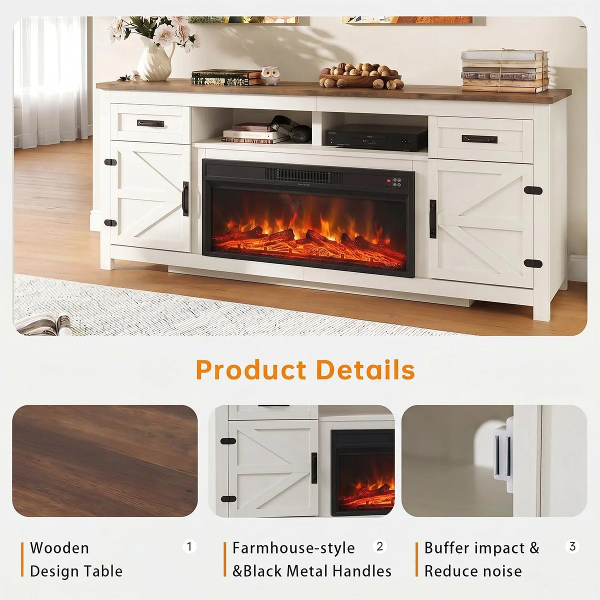 Aoxun 80 Inch Farmhouse TV Stand with Electric Fireplace and Barn Doors Media Entertainment Center with Storage Cabinets for Living Room Fits TVs up to 90 Inches White Stand with Black Fireplace