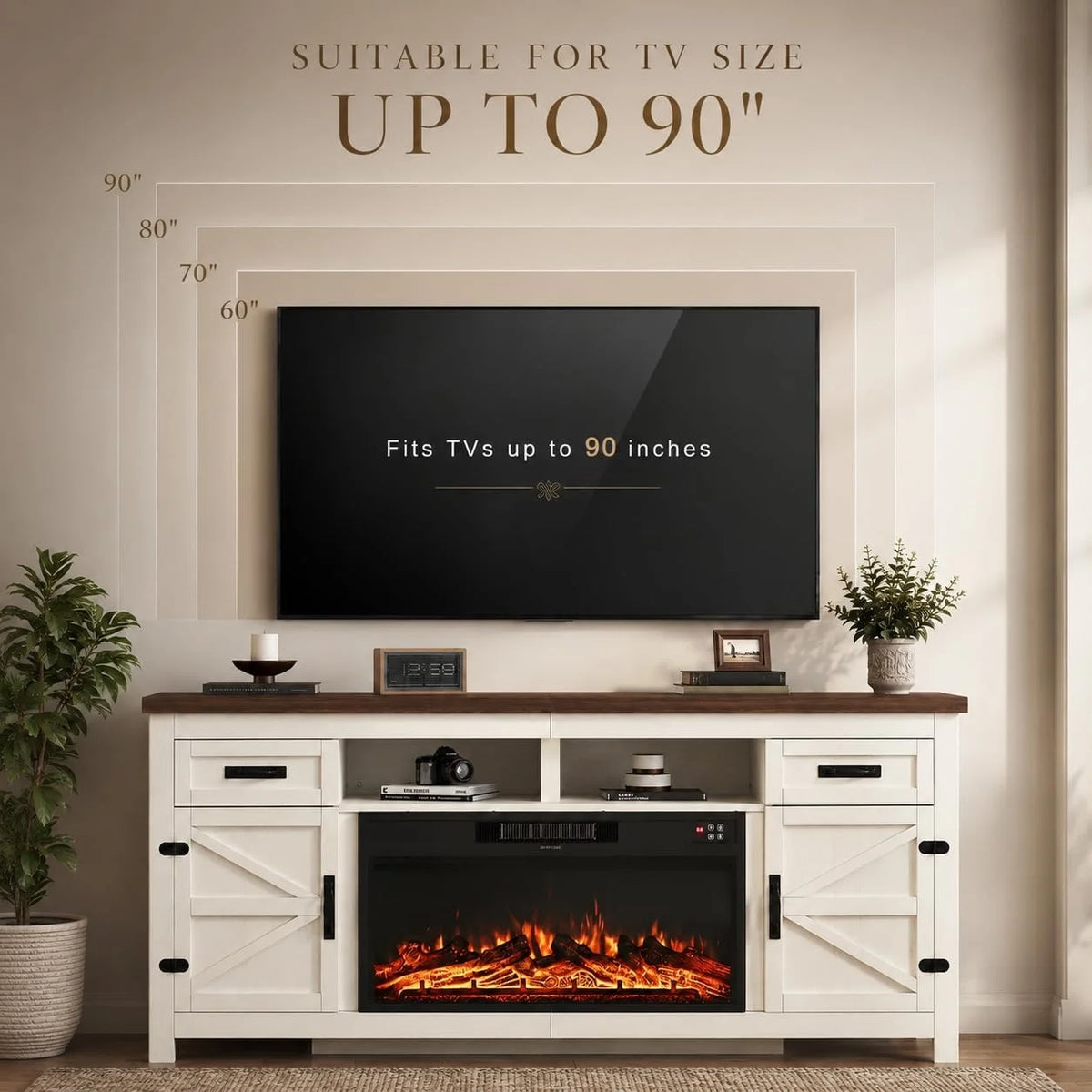 Aoxun 80 Inch Farmhouse TV Stand with Electric Fireplace and Barn Doors Media Entertainment Center with Storage Cabinets for Living Room Fits TVs up to 90 Inches White Stand with Black Fireplace