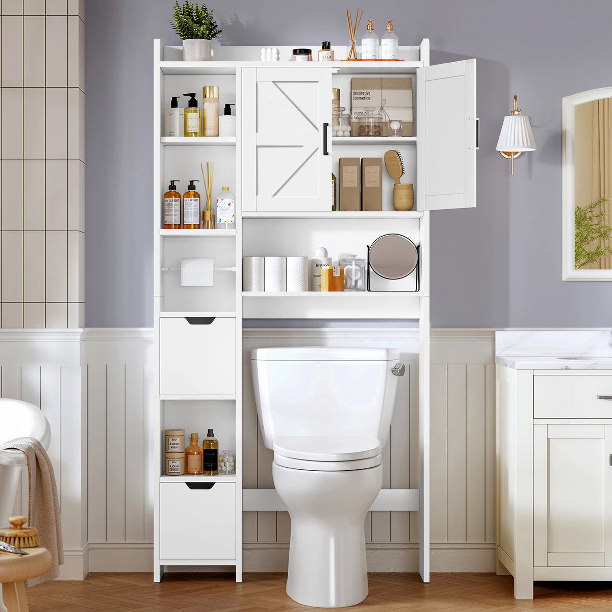 Over the Toilet Storage Cabinet with 2 Adjustable Drawers & 1 Cabinet, Freestanding Toilet Storage Cabinet with 6 open Shelves & 1 Adjustable shelf, Bathroom Storage Cabinets for Bathroom, White