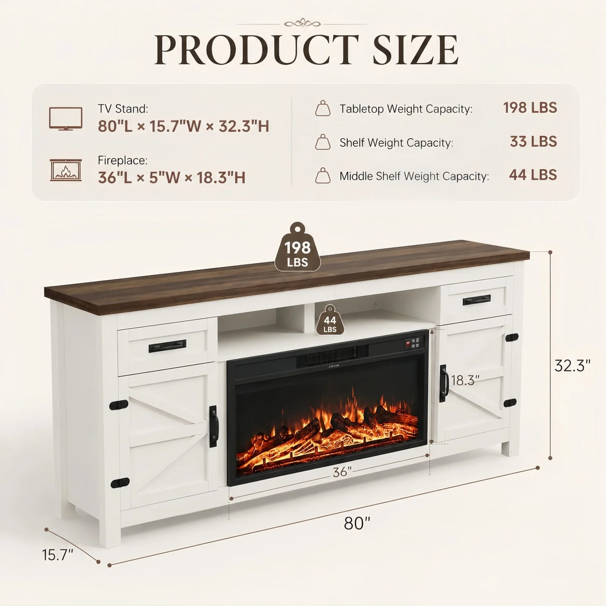 Aoxun 80 Inch Farmhouse TV Stand with Electric Fireplace and Barn Doors Media Entertainment Center with Storage Cabinets for Living Room Fits TVs up to 90 Inches White Stand with Black Fireplace