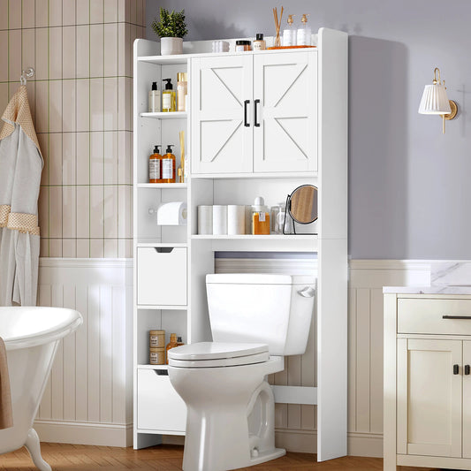 Over the Toilet Storage Cabinet with 2 Adjustable Drawers & 1 Cabinet, Freestanding Toilet Storage Cabinet with 6 open Shelves & 1 Adjustable shelf, Bathroom Storage Cabinets for Bathroom, White