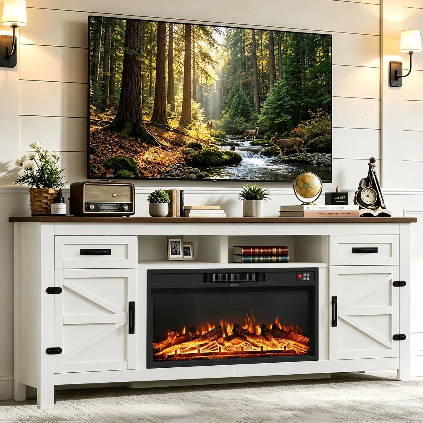 Aoxun 80 Inch Farmhouse TV Stand with Electric Fireplace and Barn Doors Media Entertainment Center with Storage Cabinets for Living Room Fits TVs up to 90 Inches White Stand with Black Fireplace