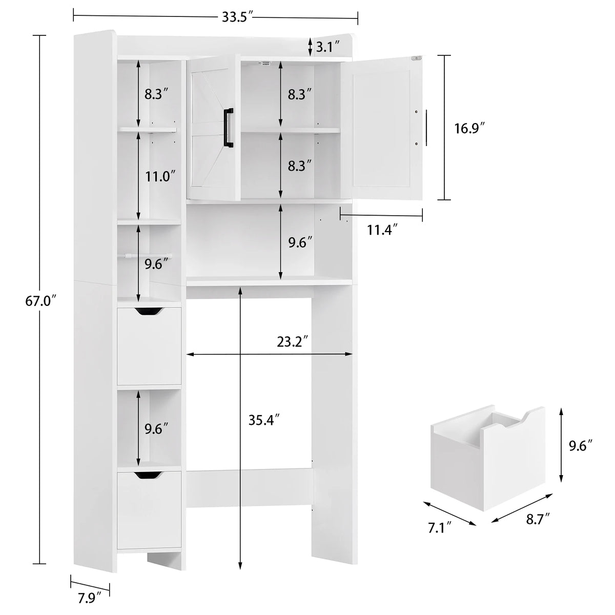 Over the Toilet Storage Cabinet with 2 Adjustable Drawers & 1 Cabinet, Freestanding Toilet Storage Cabinet with 6 open Shelves & 1 Adjustable shelf, Bathroom Storage Cabinets for Bathroom, White