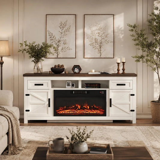 Aoxun 80 Inch Farmhouse TV Stand with Electric Fireplace and Barn Doors Media Entertainment Center with Storage Cabinets for Living Room Fits TVs up to 90 Inches White Stand with Black Fireplace