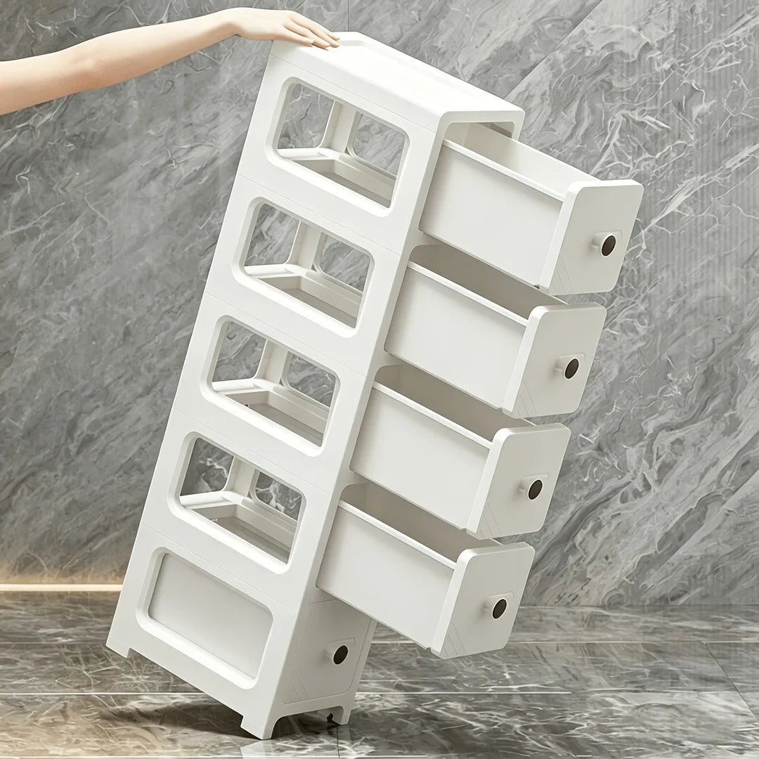2/3/4/5-tier narrow bathroom rolling storage cabinet with flip-top striped transparent doors and lockable 360° swivel wheels, light green modular stackable slim vertical organizer tower, perfect for bathroom, beside the toil