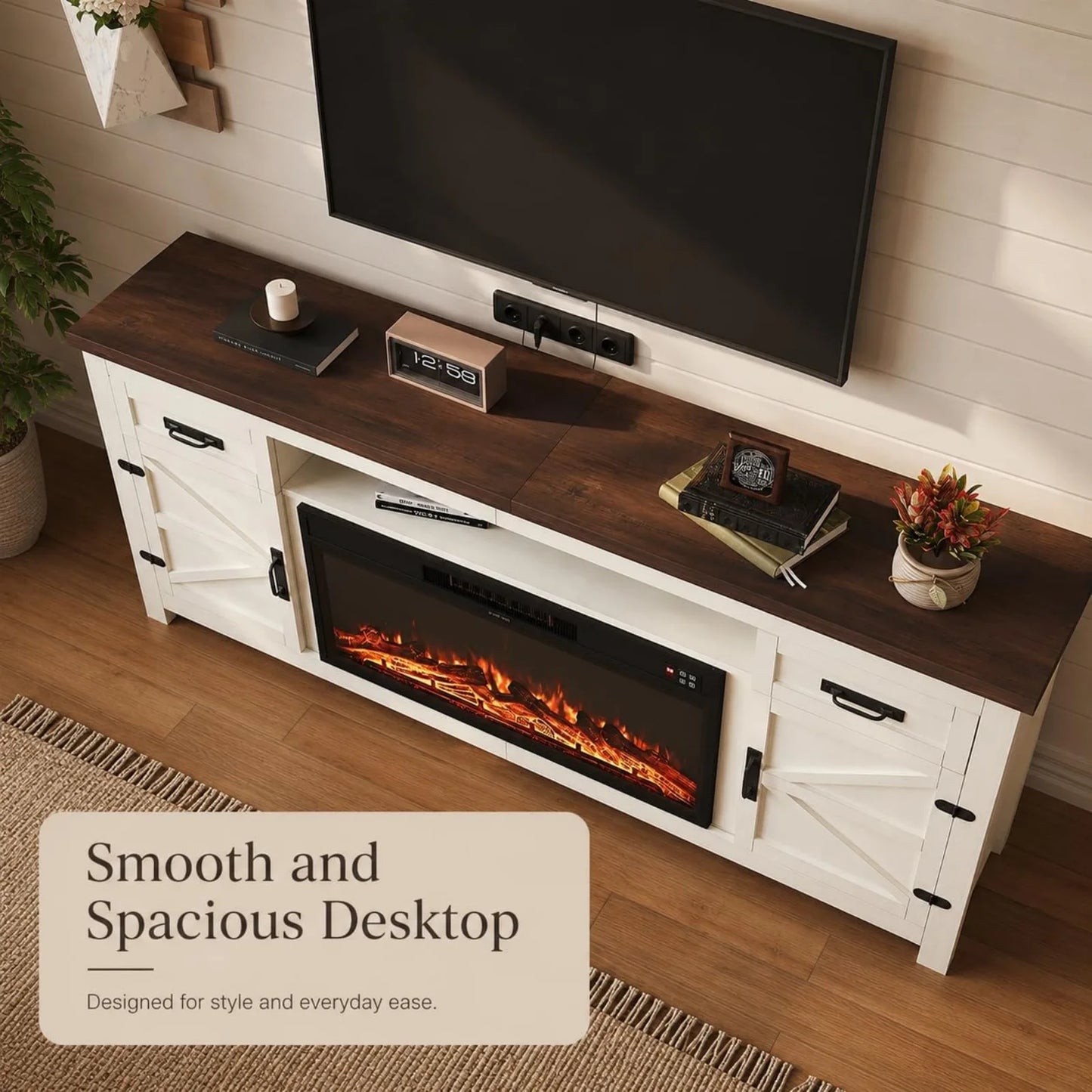 Aoxun 80 Inch Farmhouse TV Stand with Electric Fireplace and Barn Doors Media Entertainment Center with Storage Cabinets for Living Room Fits TVs up to 90 Inches White Stand with Black Fireplace