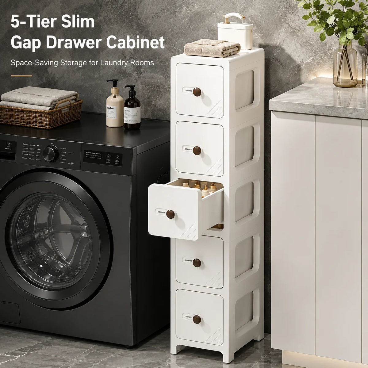 2/3/4/5-tier narrow bathroom rolling storage cabinet with flip-top striped transparent doors and lockable 360° swivel wheels, light green modular stackable slim vertical organizer tower, perfect for bathroom, beside the toil