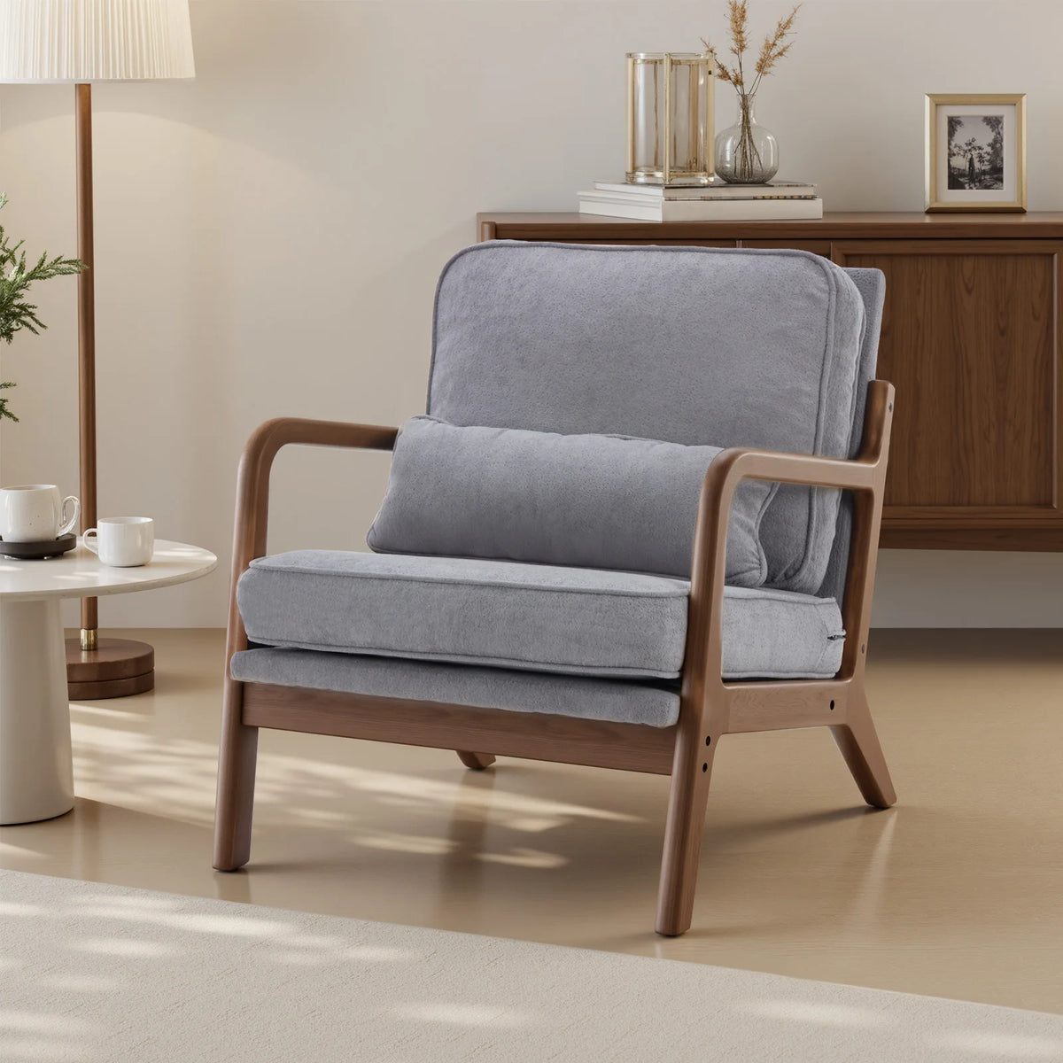 JHK Mid Century Modern Wooden Accent Armchair With Waist Cushion