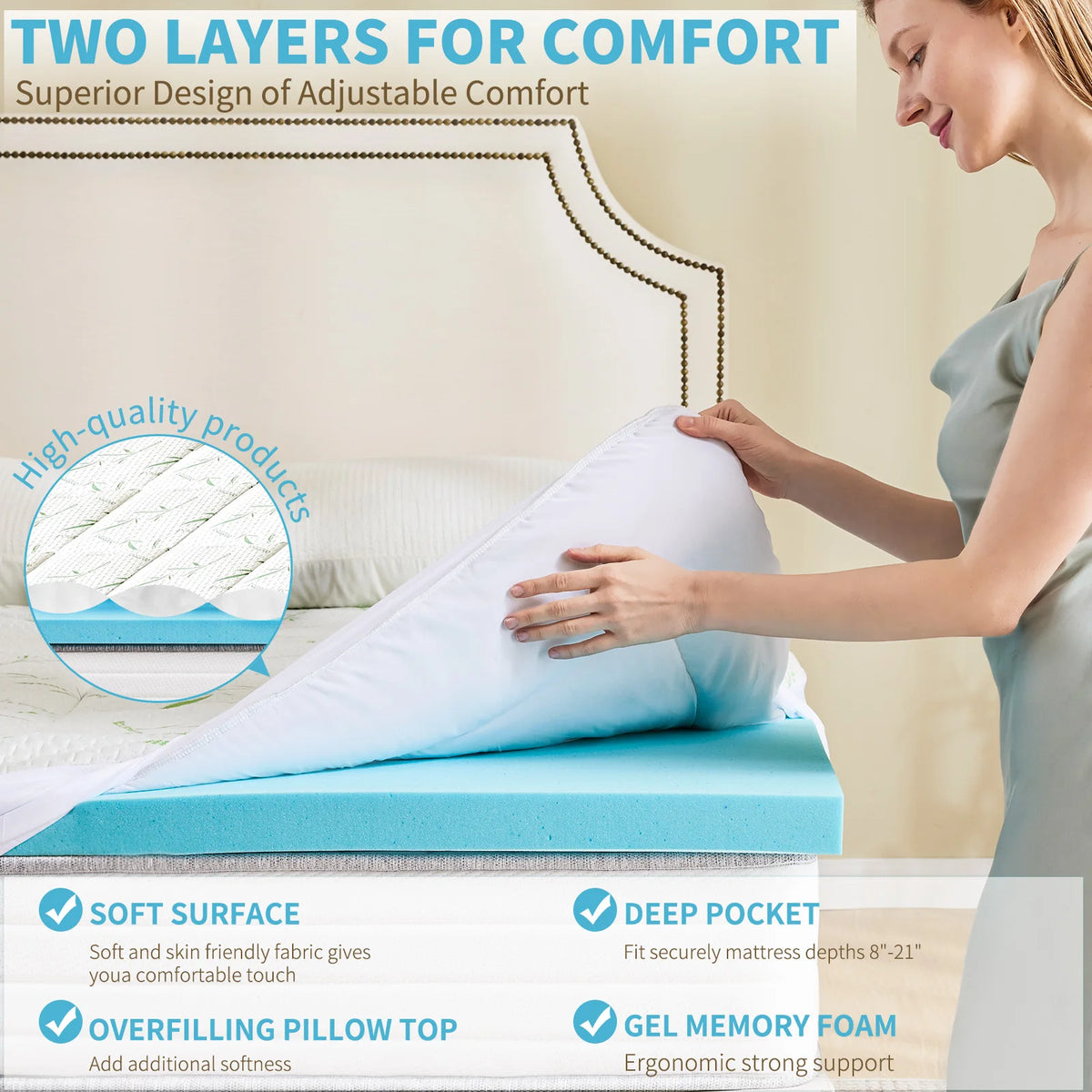 JHK Dual Layer Gel Memory Foam Mattress Topper Soft  Ventilated Thick Gel Cooling Mattress Soft and Breathable Bed Topper