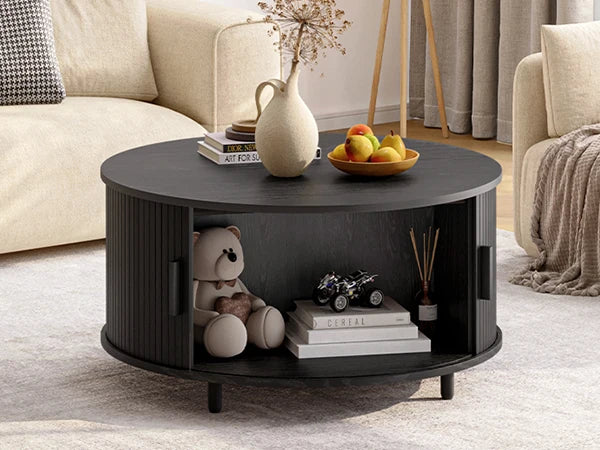 Modern Round Wood Coffee Table With Sliding Door Storage Cabinet