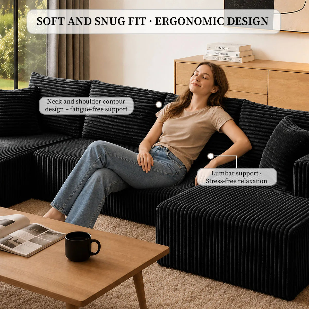 132in Modular U-Shaped Sectional Sofa with Double Chaise Lounges, 8-Piece Corduroy Oversized Pit Couch, Seats 6 People, Large U Style Floor Sofa for Living Room Family Gathering