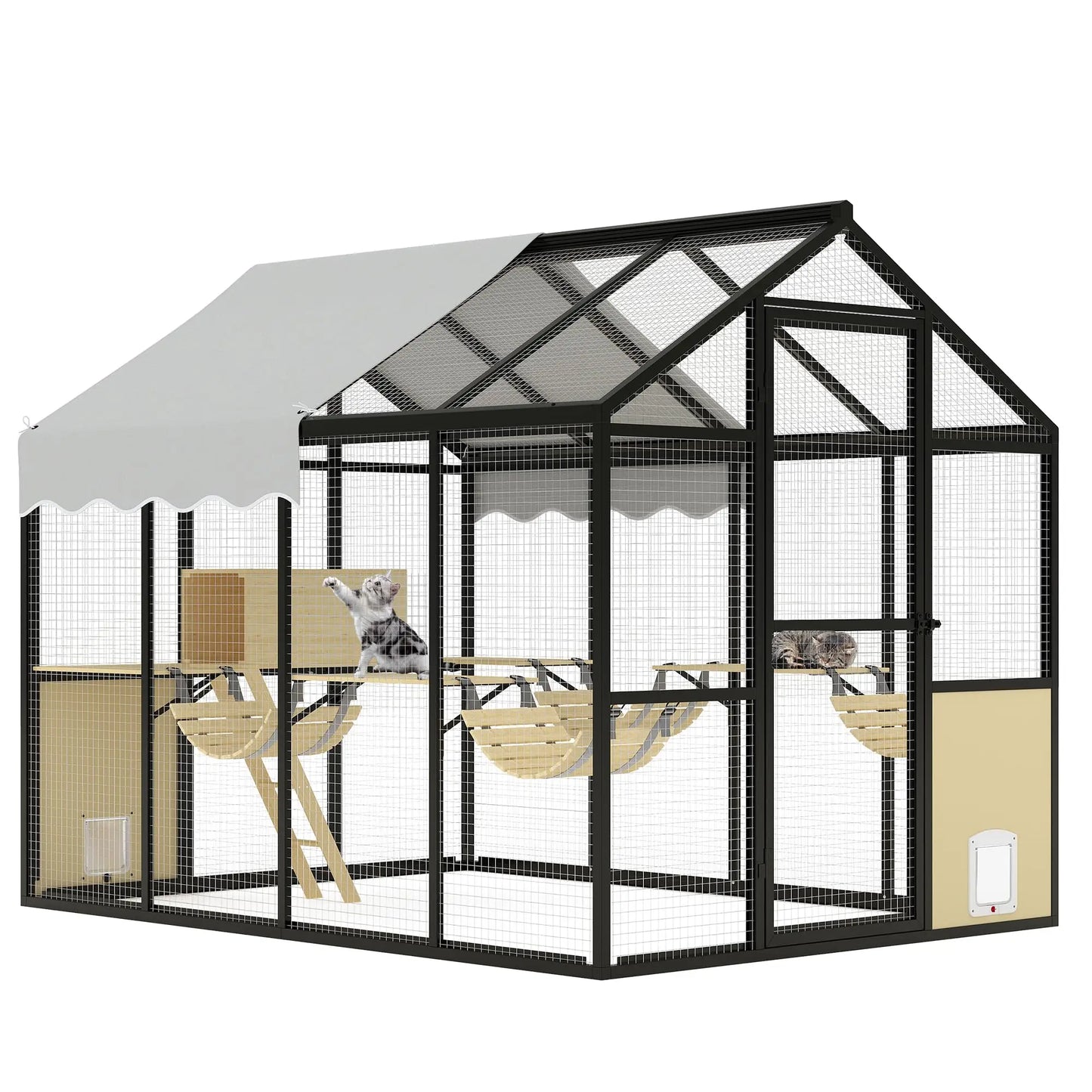 Extra Large Aluminum Outdoor Catio Enclosure For Multiple Cats Walk-in Cat Run With UV-Proof Cover Platforms & Adjustable Doors