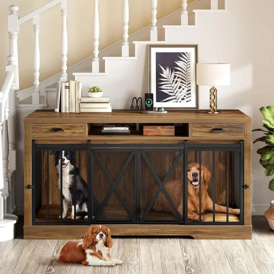 63 Inch Double Dog Crate Furniture with Charging Station, Wooden TV Stand Kennel for 2 Dogs, Sliding Barn Door