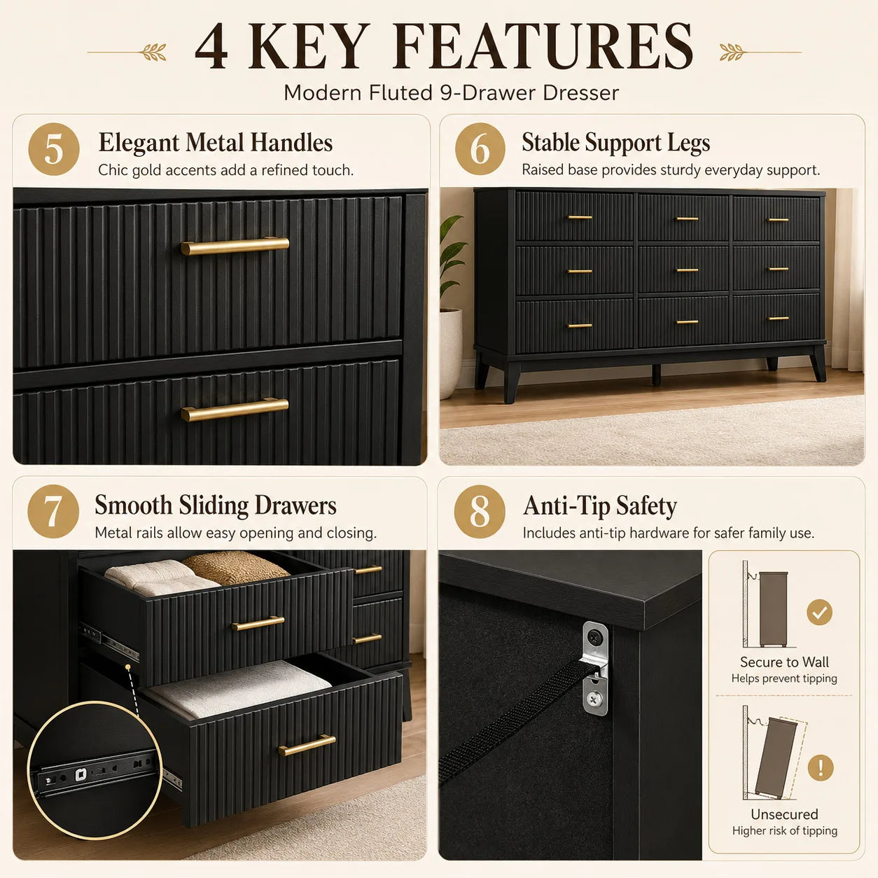 59 Inch Wide Fluted 9 Drawer Dresser Modern Wood Chest of Drawers with Metal Handles TV Stand Storage Cabinet Organizer for Bedroom Living Room Hallway Entryway