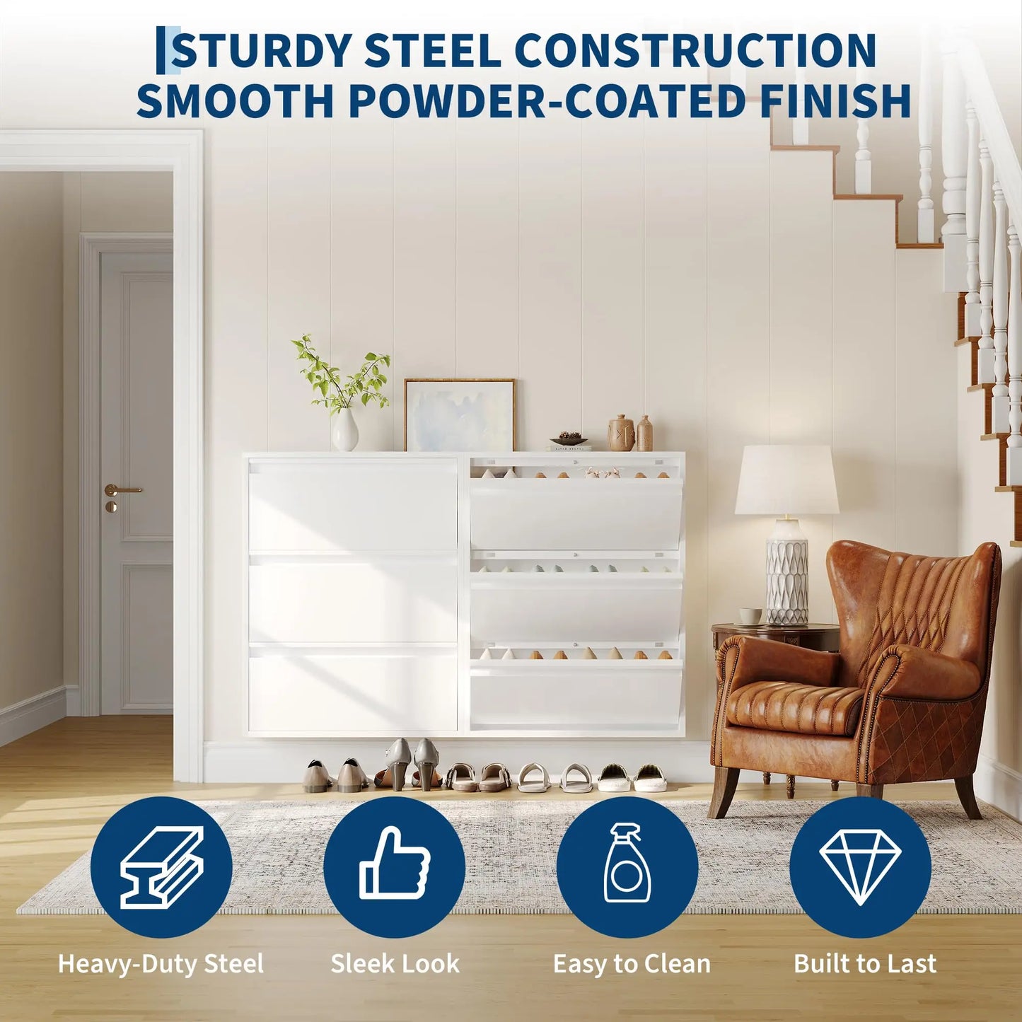 Slim Metal Shoe Cabinet, 3 Flip Drawers, Narrow Entryway Shoe Storage, Wall Mounted Or Freestanding, Anti-Tip, 31.5x6x40.7in