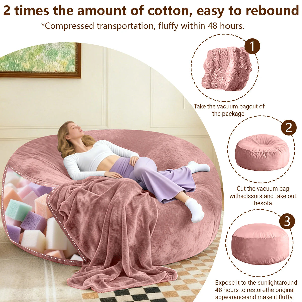 120CM×120CM×60CM, adult beanbag chair with padded beanbag inside, memory foam chair, soft flannel washable cover, ideal reading seat for bedrooms and dorms.