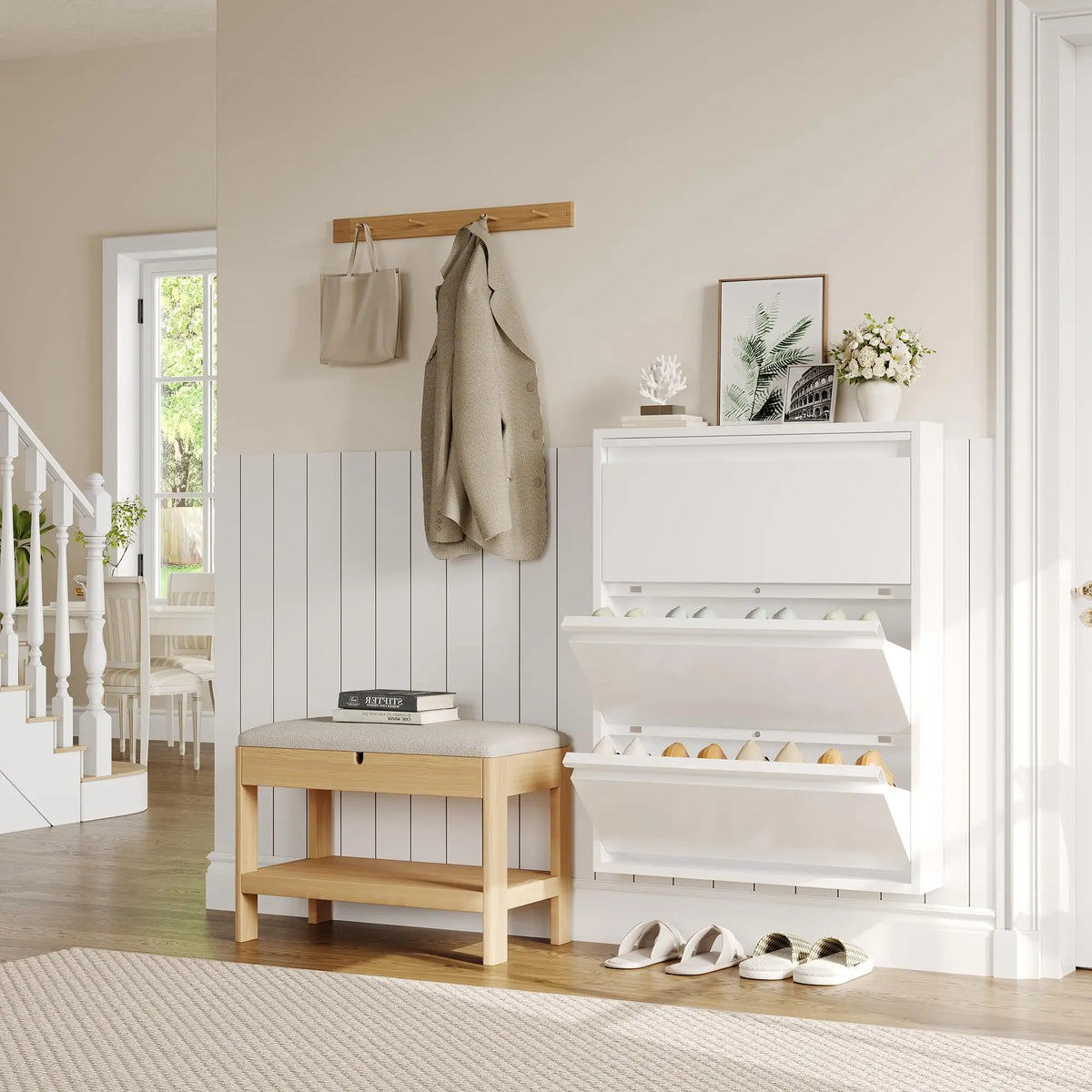 Slim Metal Shoe Cabinet, 3 Flip Drawers, Narrow Entryway Shoe Storage, Wall Mounted Or Freestanding, Anti-Tip, 31.5x6x40.7in