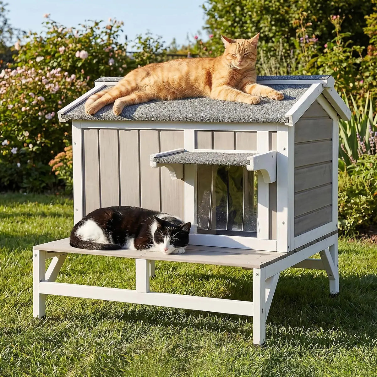 Outdoor Cat House – Weatherproof Wooden Shelter with Elevated Base, Balcony & Openable Roof