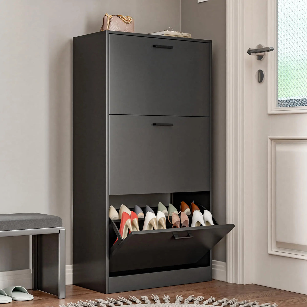 Wooden Freestanding Shoe Cabinet Flip Drawers Storage Organizer For Home