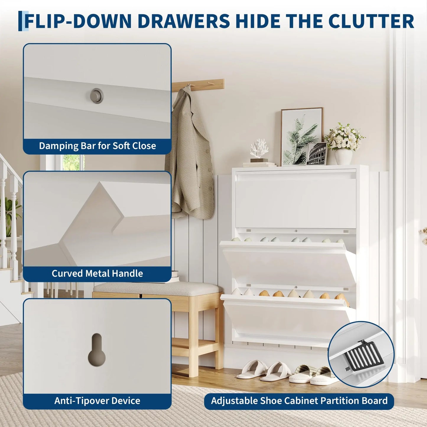 Slim Metal Shoe Cabinet, 3 Flip Drawers, Narrow Entryway Shoe Storage, Wall Mounted Or Freestanding, Anti-Tip, 31.5x6x40.7in