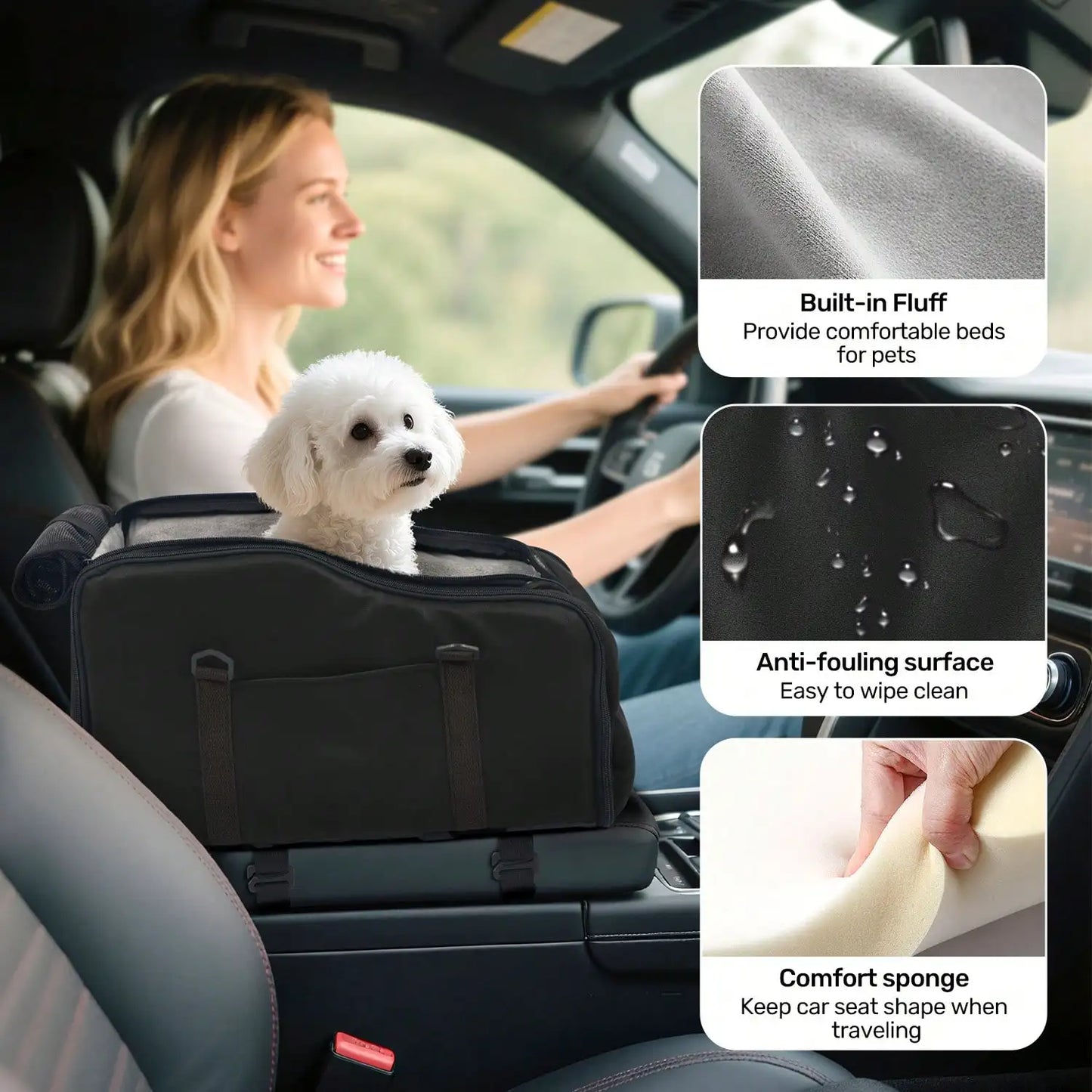 Center Console Pet Car Seat Carrier For Small Dogs & Cats Removable Washable Soft Plush Liner Portable Travel Booster Bed Stable Safety Pet Car Carrier For Road Trips