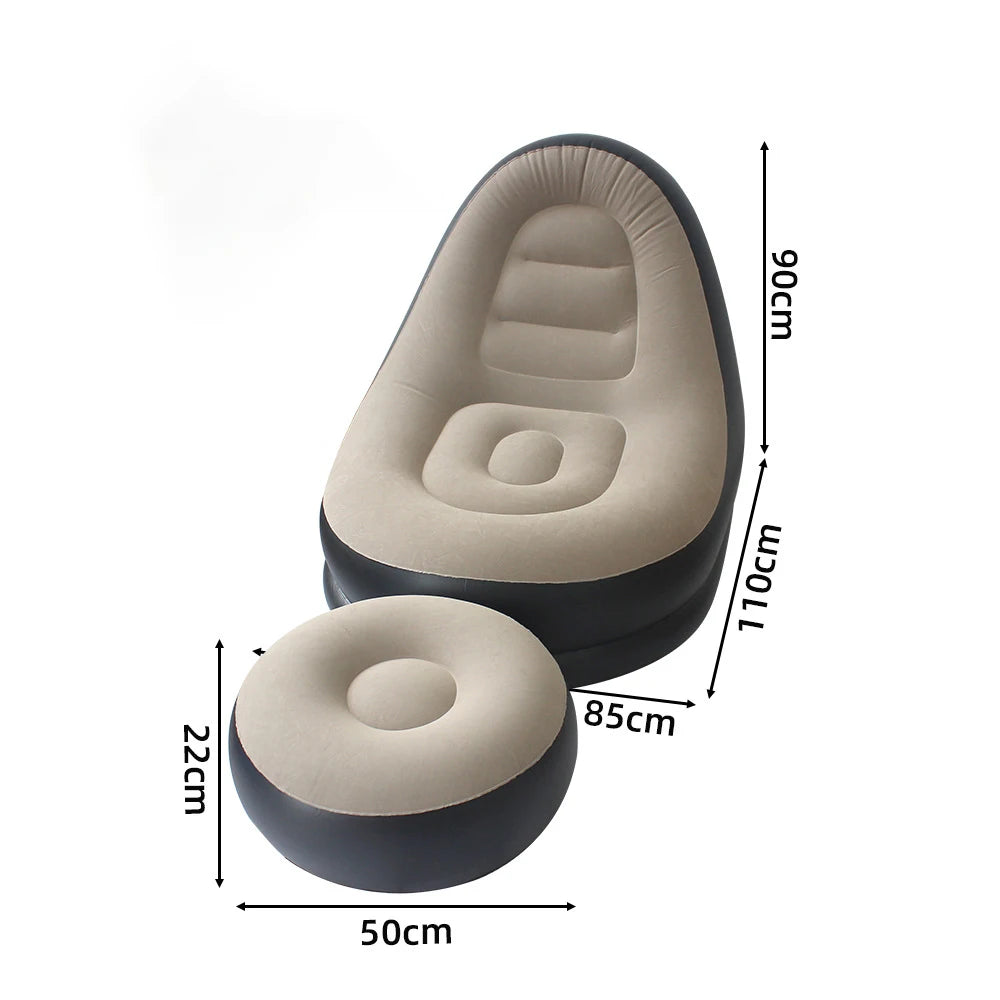 Inflatable Flocking Lazy Sofa Set with Foot Stool Portable Foldable Air Sofa Chair for Indoor Bedroom Outdoor Camping Leisure Furniture