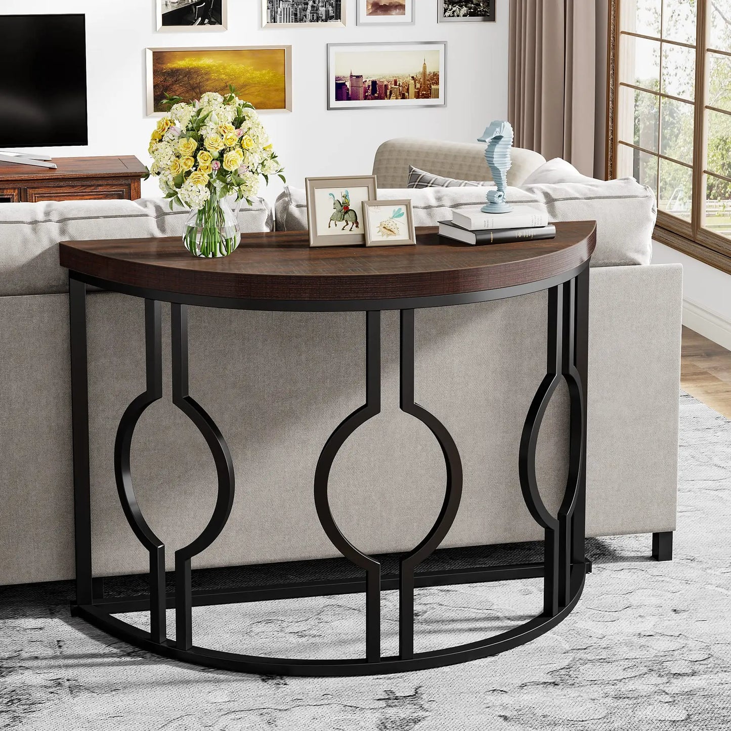 Tribesigns Half Moon Console Table for Entryway, 43 Inch Industrial Semi Circle Sofa Table with Geometric Base, Wood Accent Tabl