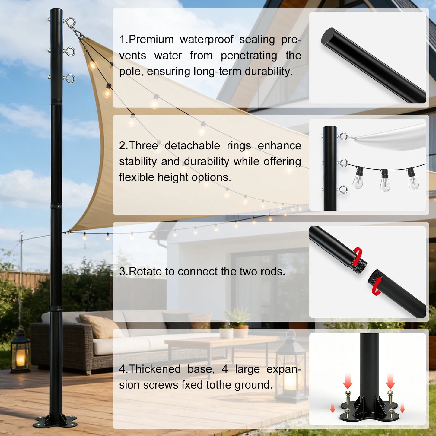 2 Pack 12ft Heavy Duty Metal Shade Sail Poles ，(Shade Sail not include）Rust-Resistant Adjustable Outdoor Support Post Kit for Patios Courtyards Backyards Gardens