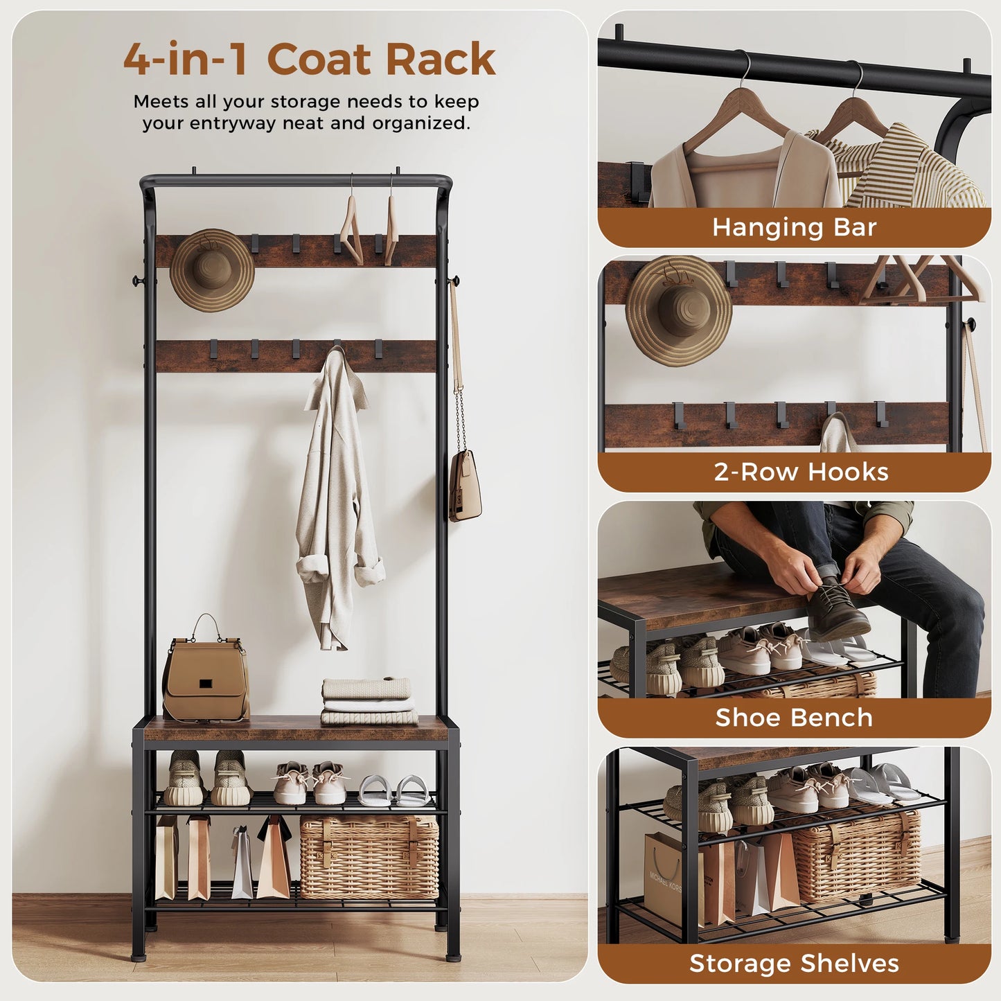 JHK 4in1 Coat Rack With Shoe Bench And Storage Organizer