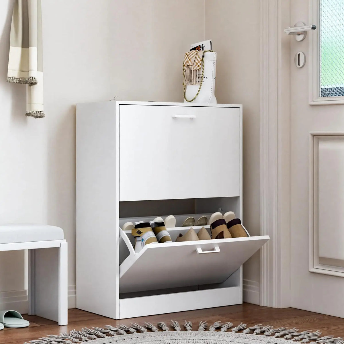 Wooden Freestanding Shoe Cabinet Flip Drawers Storage Organizer For Home