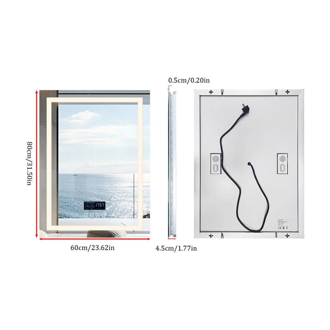 Smart LED Bathroom Mirror Rectangle Wall Mount Mirror w Bluetooth Speaker,Time,Temperature,Light Memory,Front & Backlit,Anti-Fog