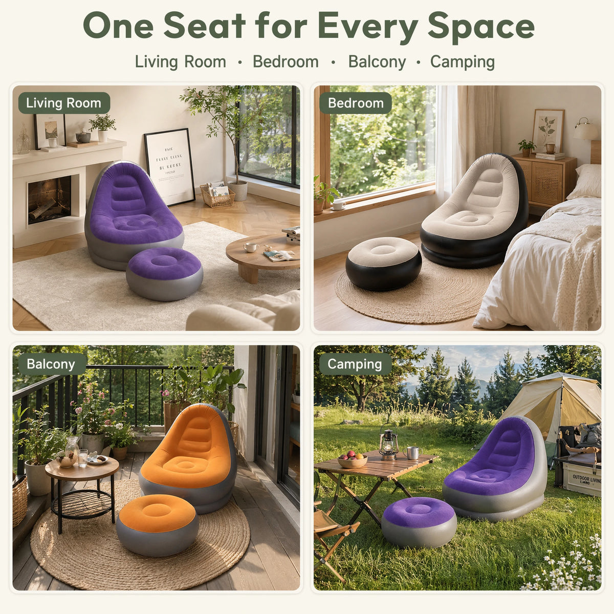 Inflatable Flocking Lazy Sofa Set with Foot Stool Portable Foldable Air Sofa Chair for Indoor Bedroom Outdoor Camping Leisure Furniture