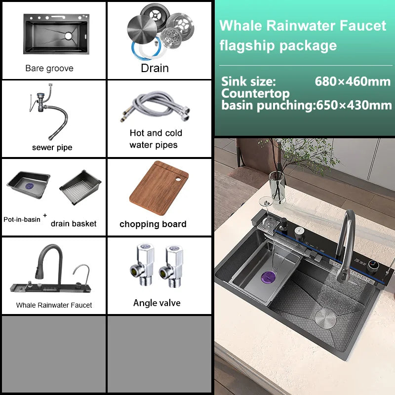 Various Waterfall Kitchen Sink Stainless Steel Multifunctional Large Single Slot Digital Display Sinks