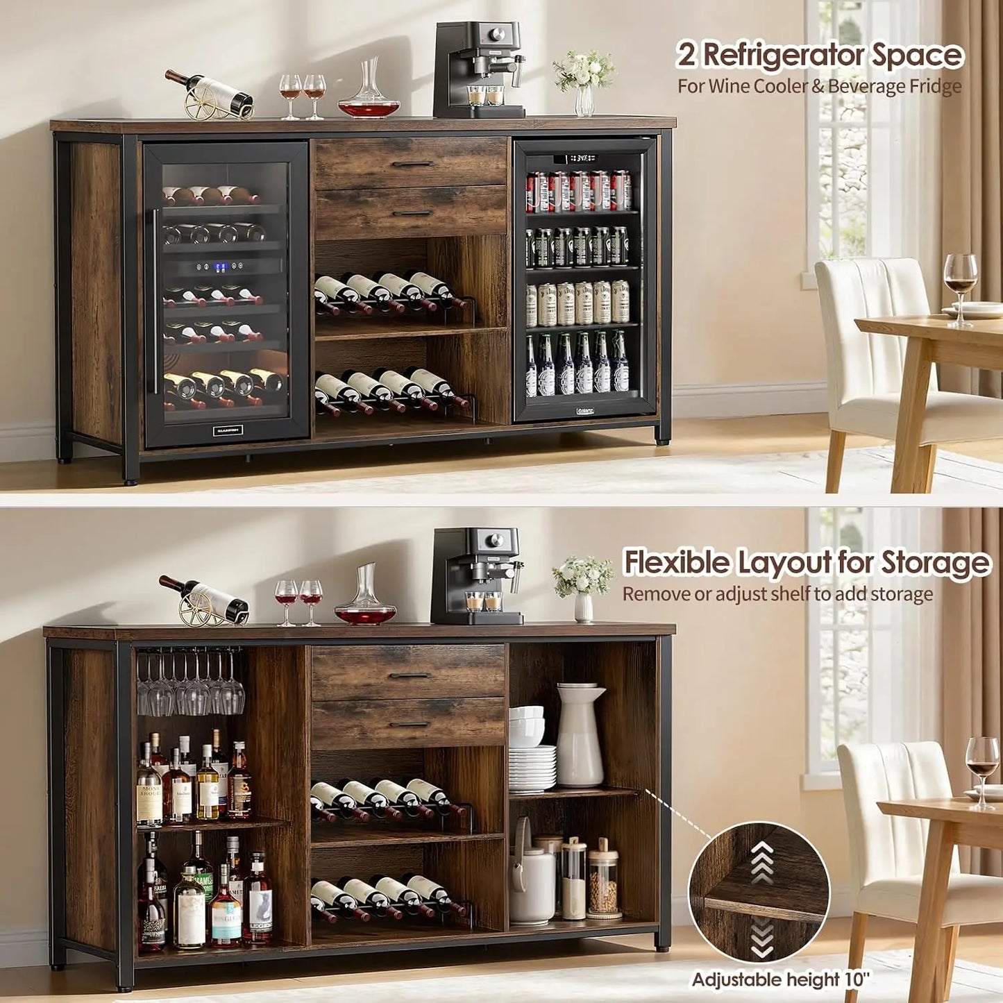 Large Coffee Bar Cabinet with 2 Fridge Space, 70.8" L Farmhouse Wine Cabinet, Wood Buffet Sideboard Table Station,, Customized