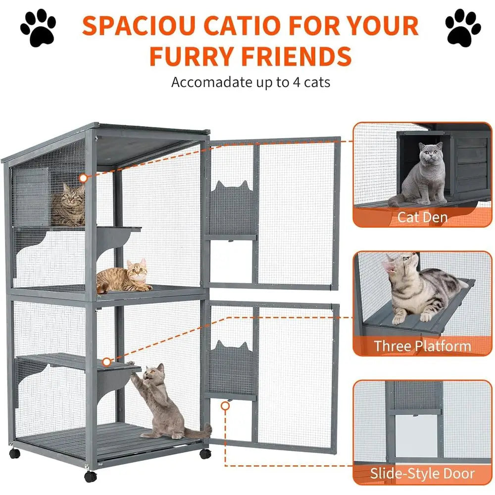 69 Large Waterproof Outdoor Indoor Catio Enclosure with Lockable Wheels, Resting Cabin, Platforms for Multi-Cat Families