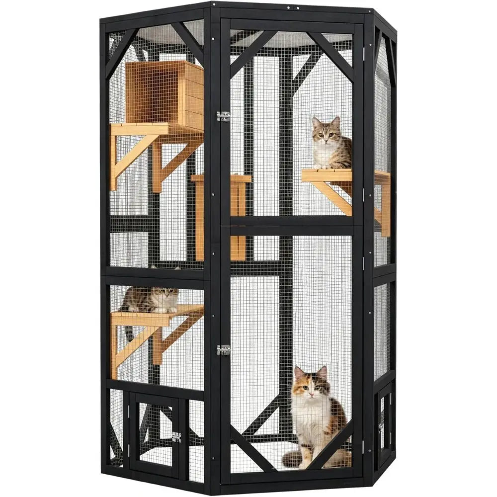 Large Outdoor Cat Catio, Tall Wooden Enclosure with Open-Top, Multi-Level Playpen, Perches & Private Condo, Multiple Access, Ind