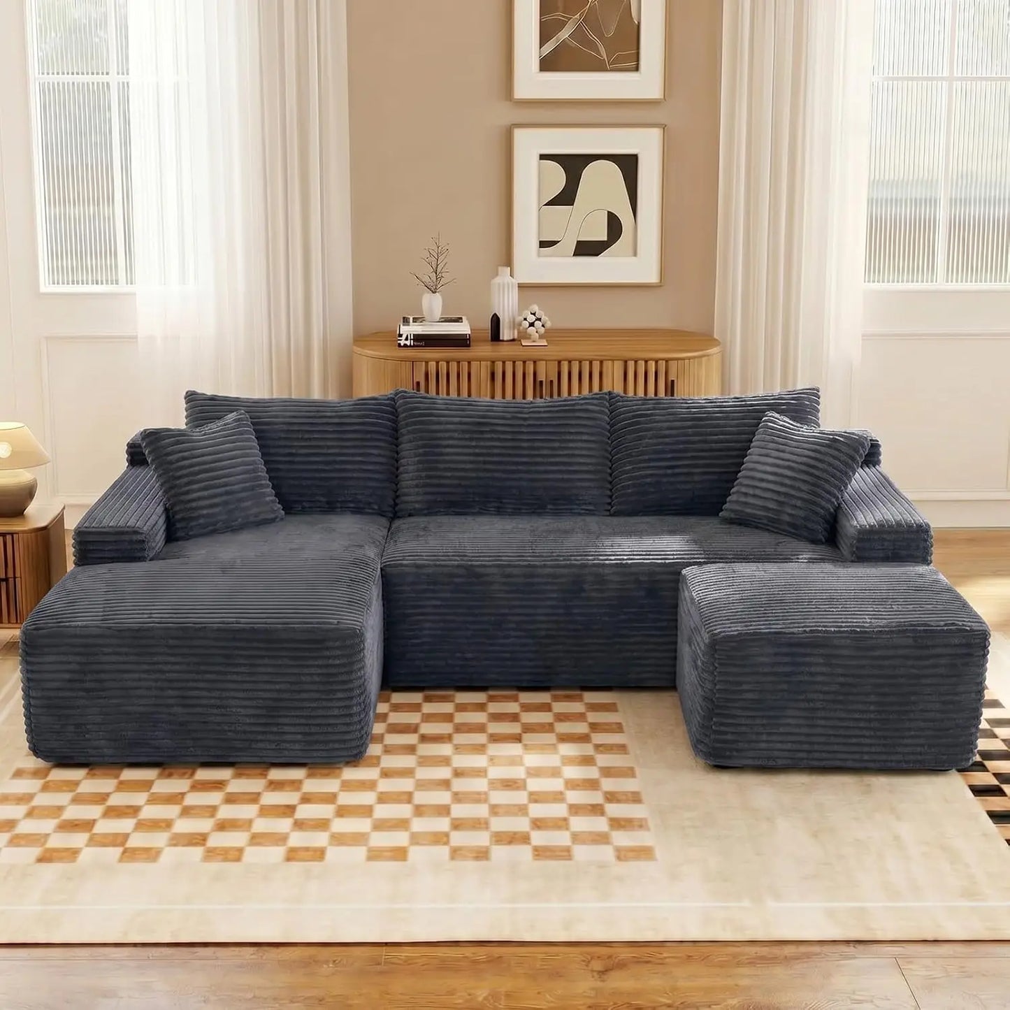94.5" U-Shaped Sectional Sofa with Deep Seat, No Assembly Modular Cloud Couch in Corduroy Fabric with Ottoman, Space-Saving Sleeper for Living Room Bedroom Apartment, Black